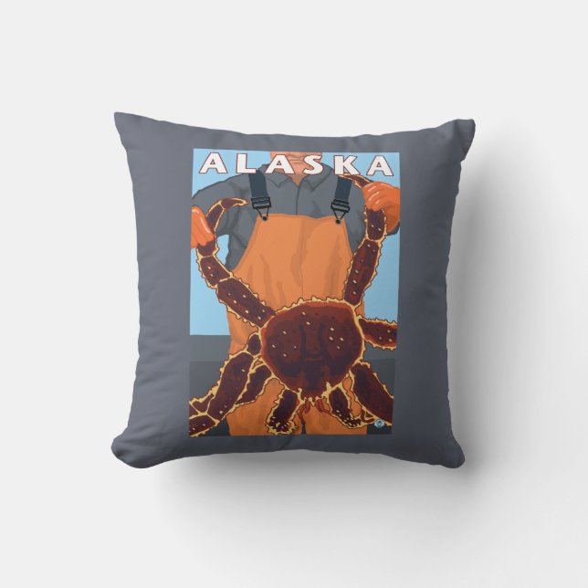 King Crab and Fisherman Vintage Travel Poster Cushion (Front)