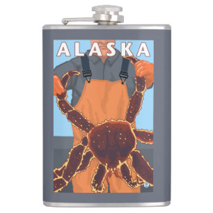 King Crab and Fisherman Vintage Travel Poster Hip Flask