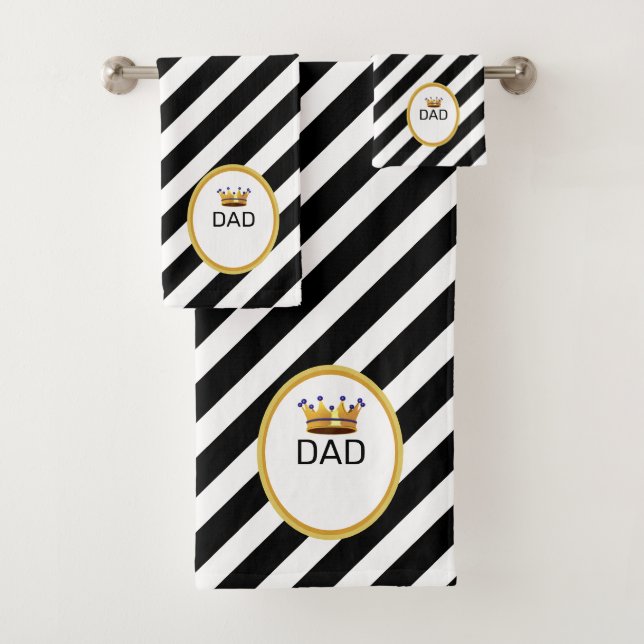 King Dad's Crown on  Black & White Striped Bath Towel Set (Insitu)