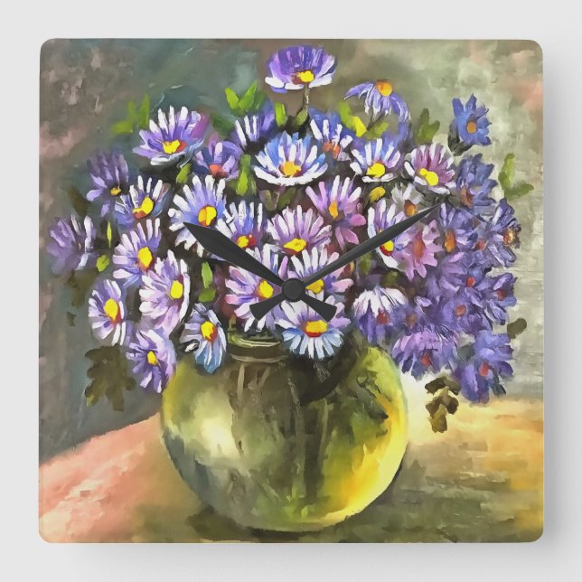King George Asters In A Metallic Vase Square Wall Clock (Front)