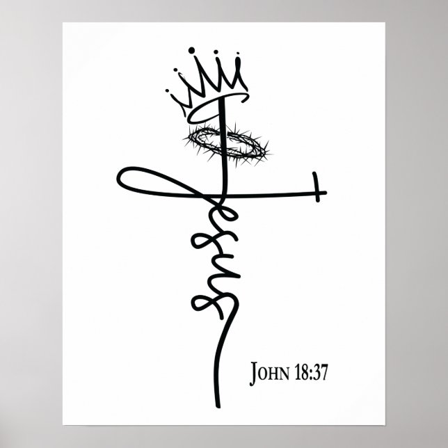 KING JESUS Christian Cross Hand Letter Black White Poster (Front)