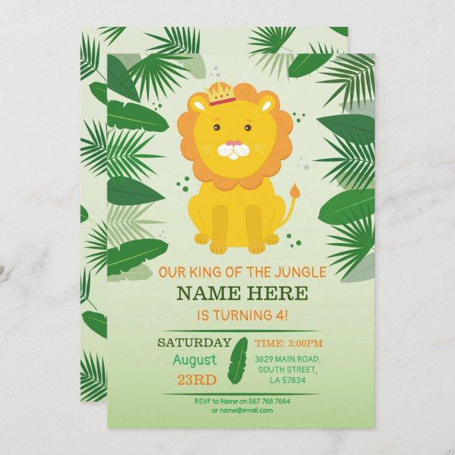 King Jungle Lion Birthday Zoo Safari Birthday Invitation (Front/Back)