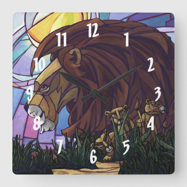 King Lion and Cubs Square Wall Clock (Front)