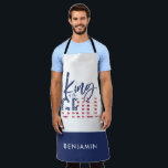 King of the grill apron<br><div class="desc">King of the grill, the perfect gift for the summer chef in your life. A idea birthday, Christmas, mothers day or fathers day gift or just a thank you for a awesome day! In patriotic red, white and blue with on trend script text and a cool vintage distressed feel, this...</div>