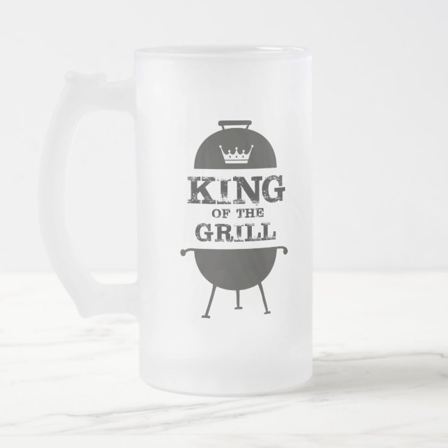 King Of The Grill, Black White Crown Frosted Glass Beer Mug (Left)