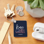 King of the grill  key ring<br><div class="desc">King of the grill, the perfect gift for the summer chef in your life. A idea birthday, Christmas, mothers day or fathers day gift or just a thank you for a awesome day! In patriotic red, white and blue with on trend script text and a cool vintage distressed feel, this...</div>