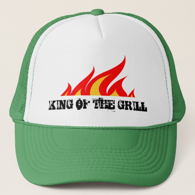 King of the grill trucker hat with burning flames (Front)