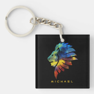 King of the jungle lion watercolor name monogram key ring