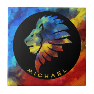 King of the jungle lion watercolor name monogram tile