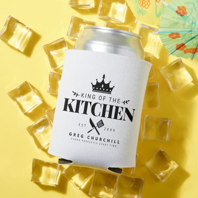 King of The Kitchen Foodie Men Personalised White Can Cooler (In Situ Summer)