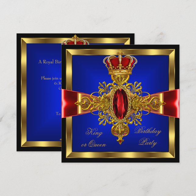 King or Queen Royal Blue Red Birthday Party 2 Invitation (Front/Back)