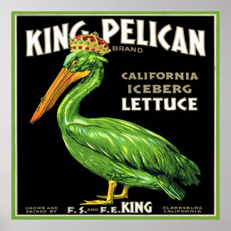 KING PELICAN ICEBERG LETTUGE VINTAGE CRATE LABEL POSTER