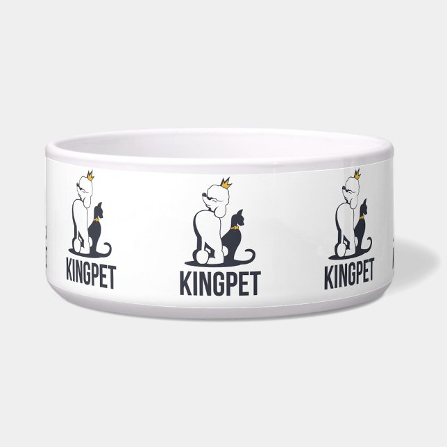 King-Pet (A white pet bowl with the words "KINGPET" and a cartoon of a dog and cat wearing crowns. )