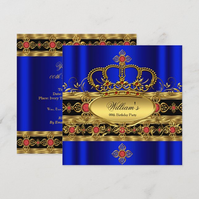 King Prince Royal Blue Gold Red Crown Birthday 2 Invitation (Front/Back)