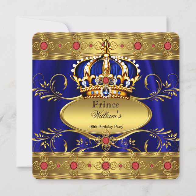 King Prince Royal Blue Regal Red Crown Birthday 3 Invitation (Front)