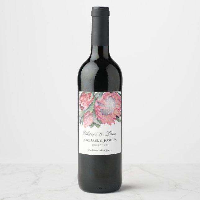 King Protea Bouquet Botanical Wedding Wine Label (Front)