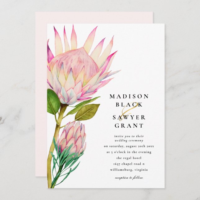 King Protea Pink Floral Wedding Invitation (Front/Back)