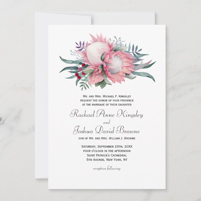 King Protea Watercolor Floral Wedding Invitation (Front)