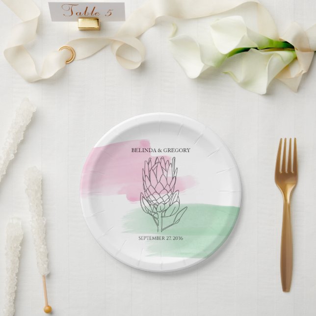 King Protea Watercolor Wedding  Paper Plate (Wedding)