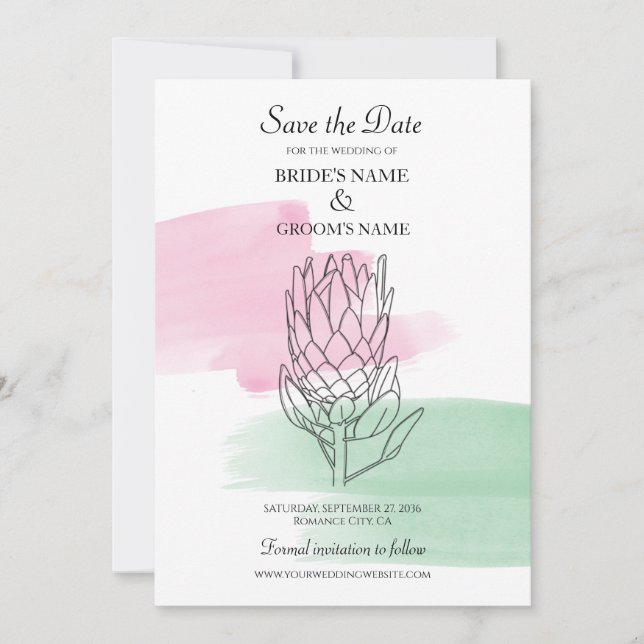 King Protea Watercolor Wedding Save The Date (Front)