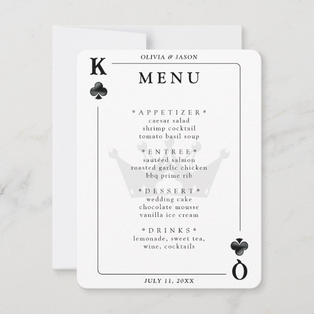 King & Queen of Clubs Playing Card Wedding Menu (Front)