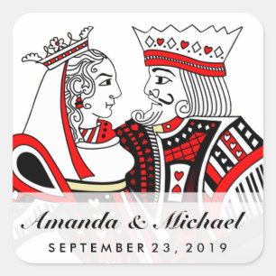 King & Queen Playing Cards Wedding Name & Date Square Sticker