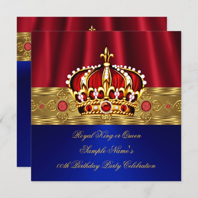 King Queen Red Crown Royal Blue Gold Birthday 4 Invitation (Front/Back)