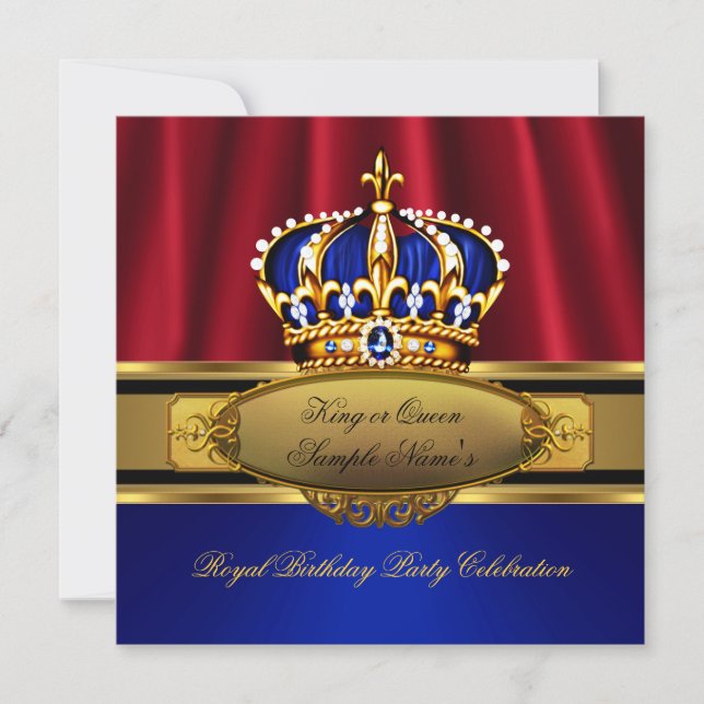 King Queen Red Royal Blue Gold Birthday Party Invitation (Front)