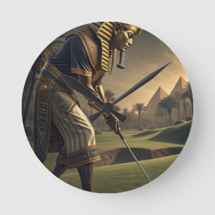 King Tut Playing Golf Funny Ancient Egypt Art Hu Round Clock