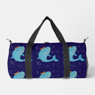 King Whale with Crown Whimsical Ocean Folk Art Duffle Bag