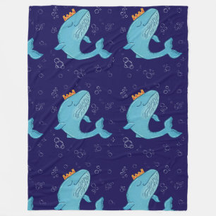 King Whale with Crown Whimsical Ocean Folk Art Fleece Blanket