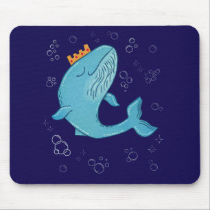 King Whale with Crown Whimsical Ocean Folk Art Mouse Pad