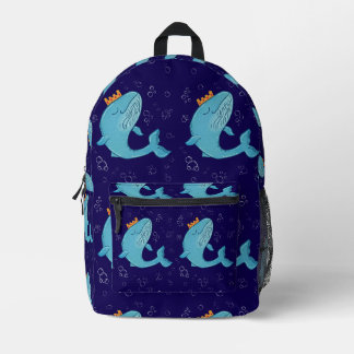 King Whale with Crown | Whimsical Ocean Folk Art Printed Backpack