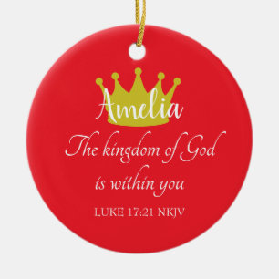 Kingdom of God Bible Verse Name and Crown Red Ceramic Tree Decoration