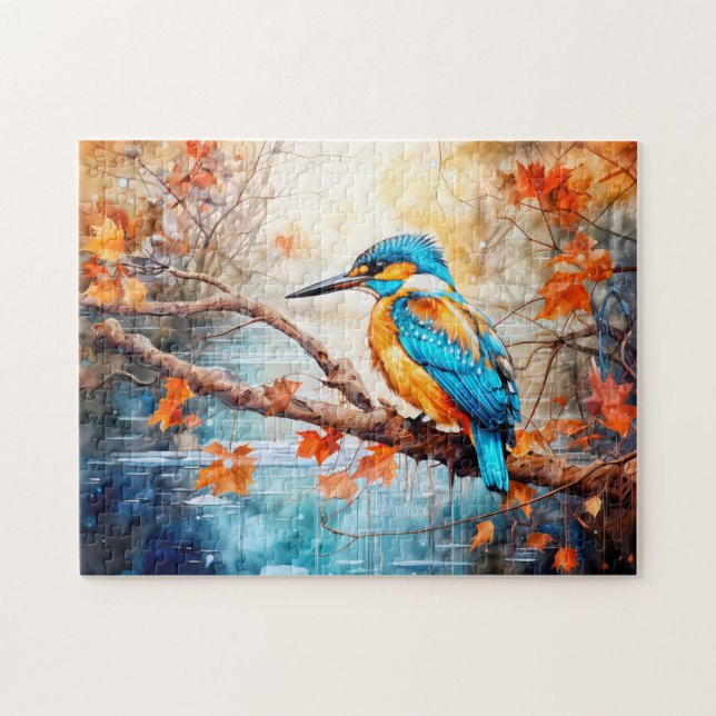 Kingfisher above pond in painterly style jigsaw puzzle (Horizontal)