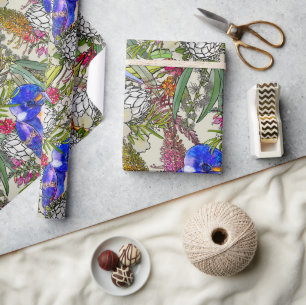 Kingfisher and Native Australian Flowers Wrapping Paper