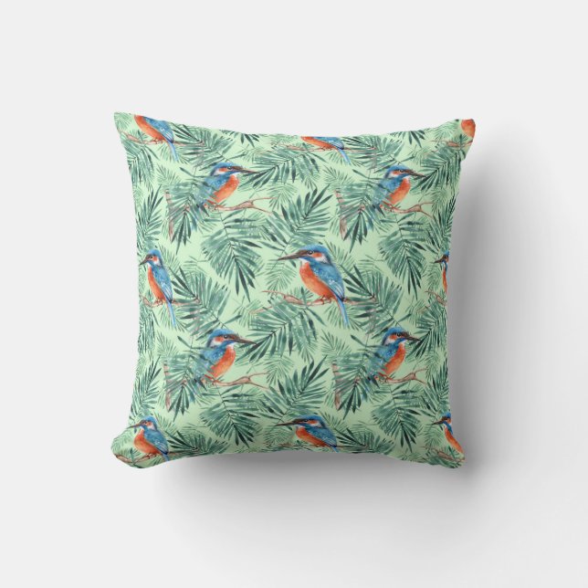 Kingfisher. Bird and leaves Cushion (Front)
