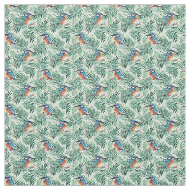 Kingfisher. Bird and leaves Fabric (Swatch)