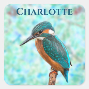 Kingfisher Bird Blue Abstract First Name Square Sticker