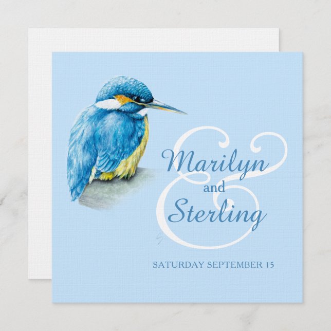 Kingfisher bird blue and white square wedding invitation (Front/Back)