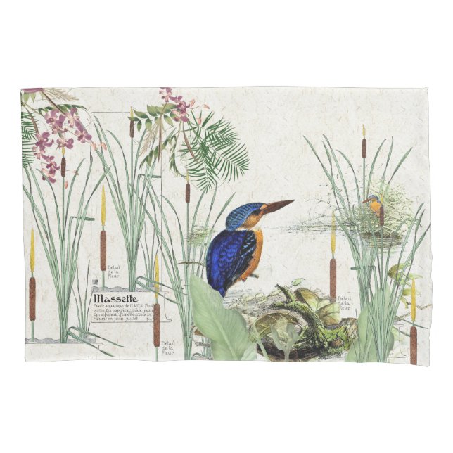 Kingfisher Bird Cattails Pond Wildlife Pillowcase (Front)