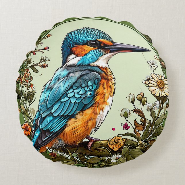 🦜 Kingfisher Bird Gift For Home Decor 🌿 Round Cushion (Front)