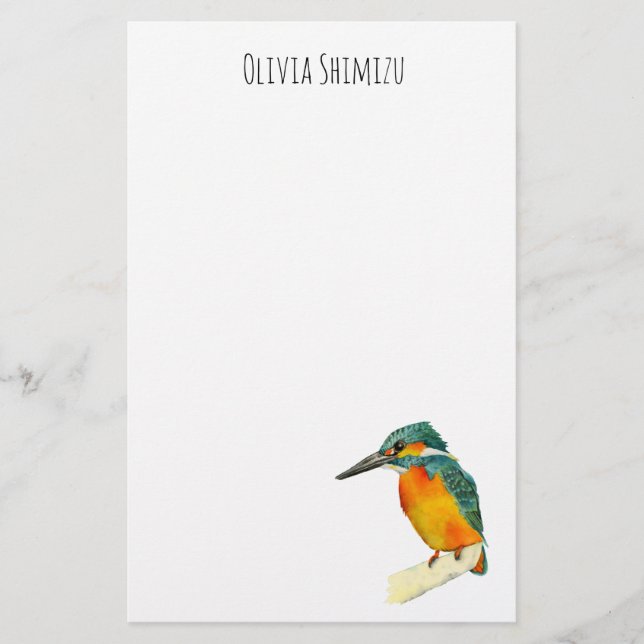 Kingfisher Bird Watercolor Painting with Name Stationery (Front)