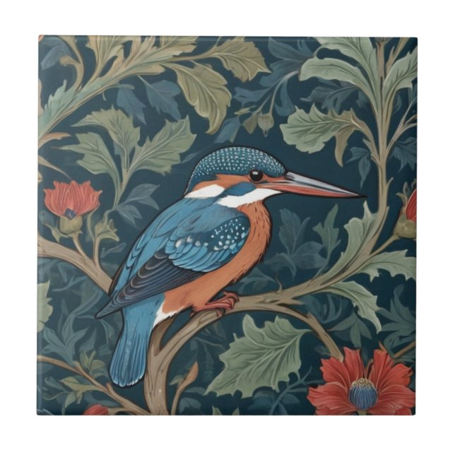 Kingfisher Bird William Morris style Right facing Tile (Front)