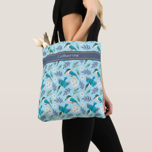Kingfisher Birds Floral Pattern Blue Name Tote Bag