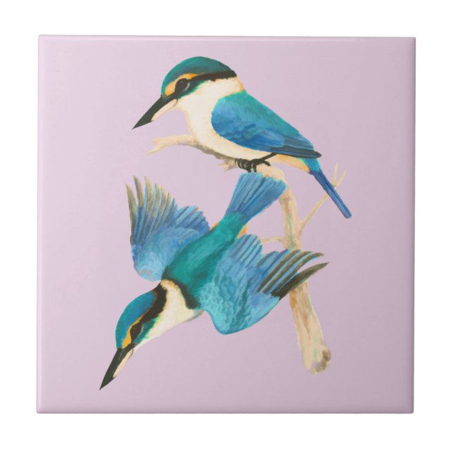 Kingfisher Birds Watercolor Pink Tile (Front)