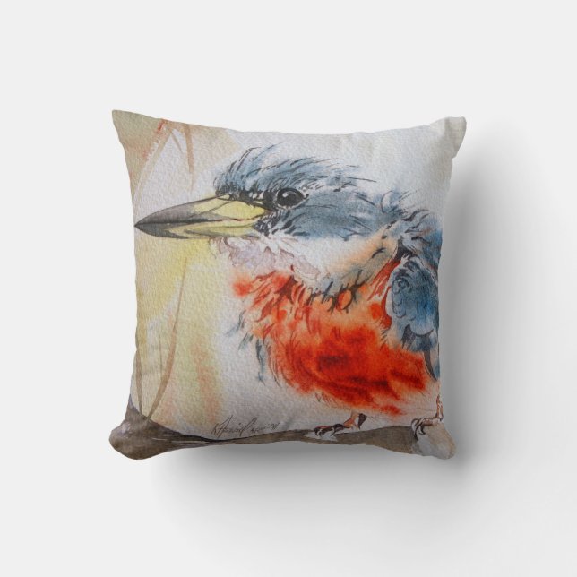Kingfisher Fine Art Watercolor Pillow (Front)