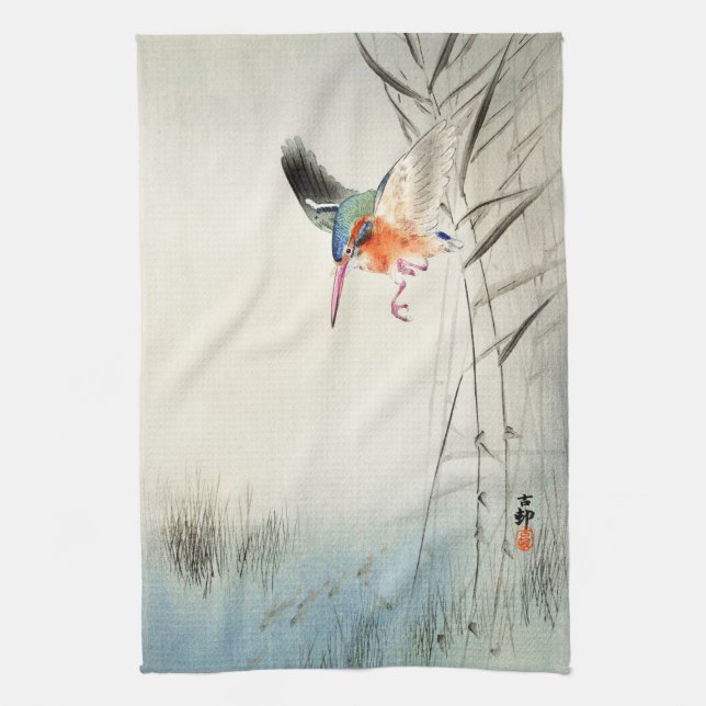 Kingfisher Hunting - Ohara Koson -  Tea Towel (Vertical)
