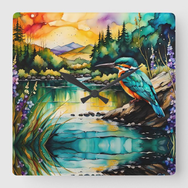 Kingfisher Mountains, Water and Wildflowers Square Wall Clock (Front)