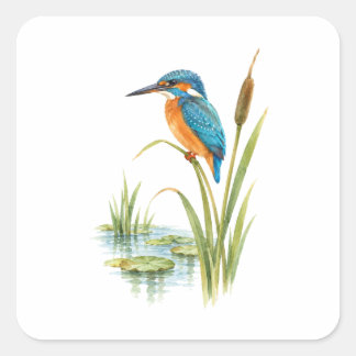 Kingfisher on a Reed by a Quiet Pond Square Sticker